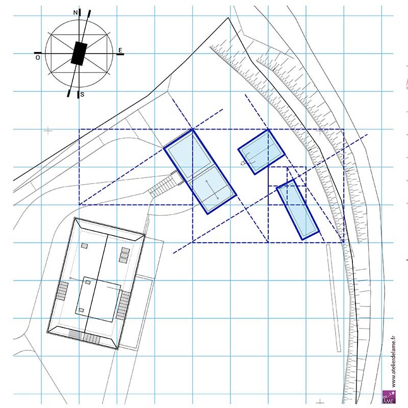 Schéma du tracé régulateur de d'implantation du garage et du studio